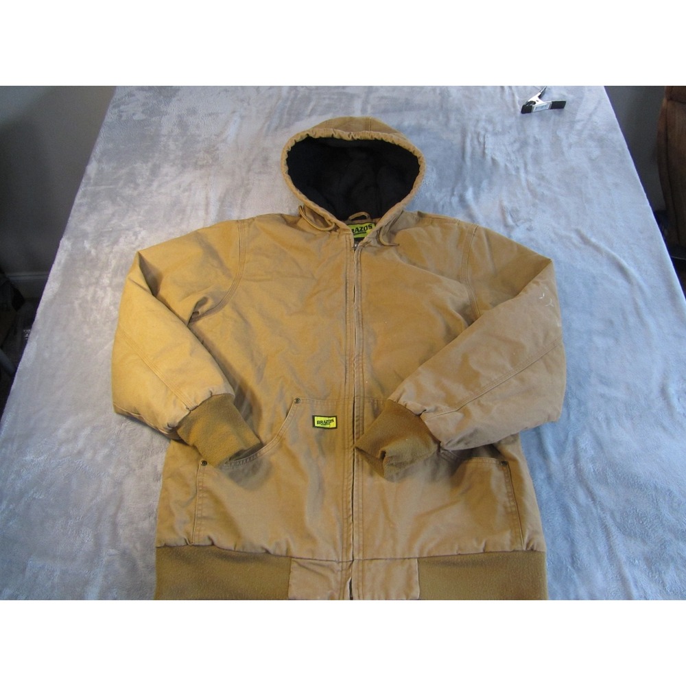 Brazos Work Force Mens Tan Duck Canvas Quilted‎ Thermal Hooded Jacket Large